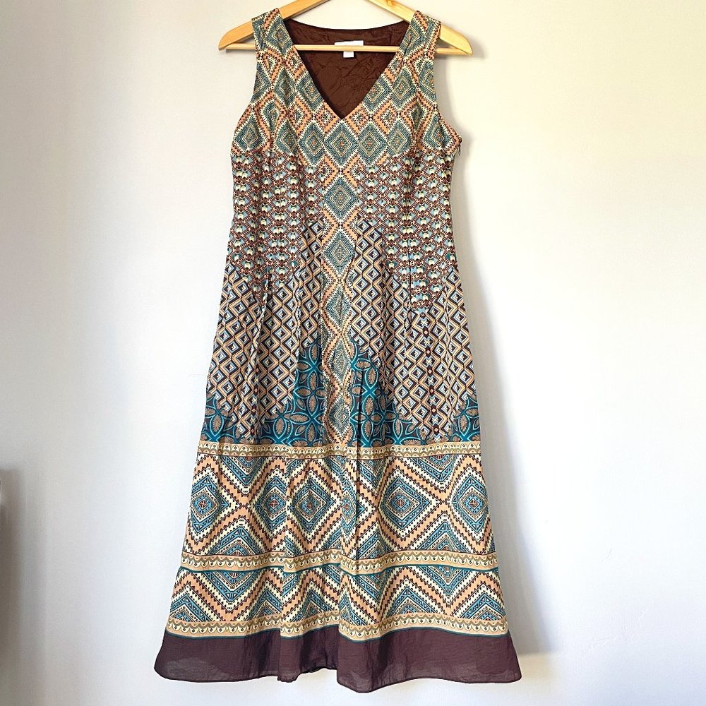 Brown & Teal Charter Club Fit-and-Flare Aztec Print Dress w/ Pleats